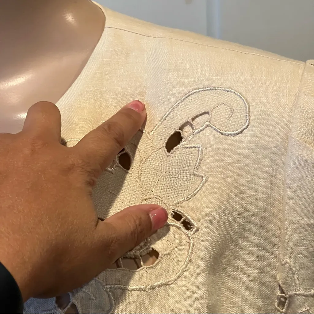 Vintage Elegant Cream Lace Women's pleated dress size 12 eyelet linen blend - Image 15