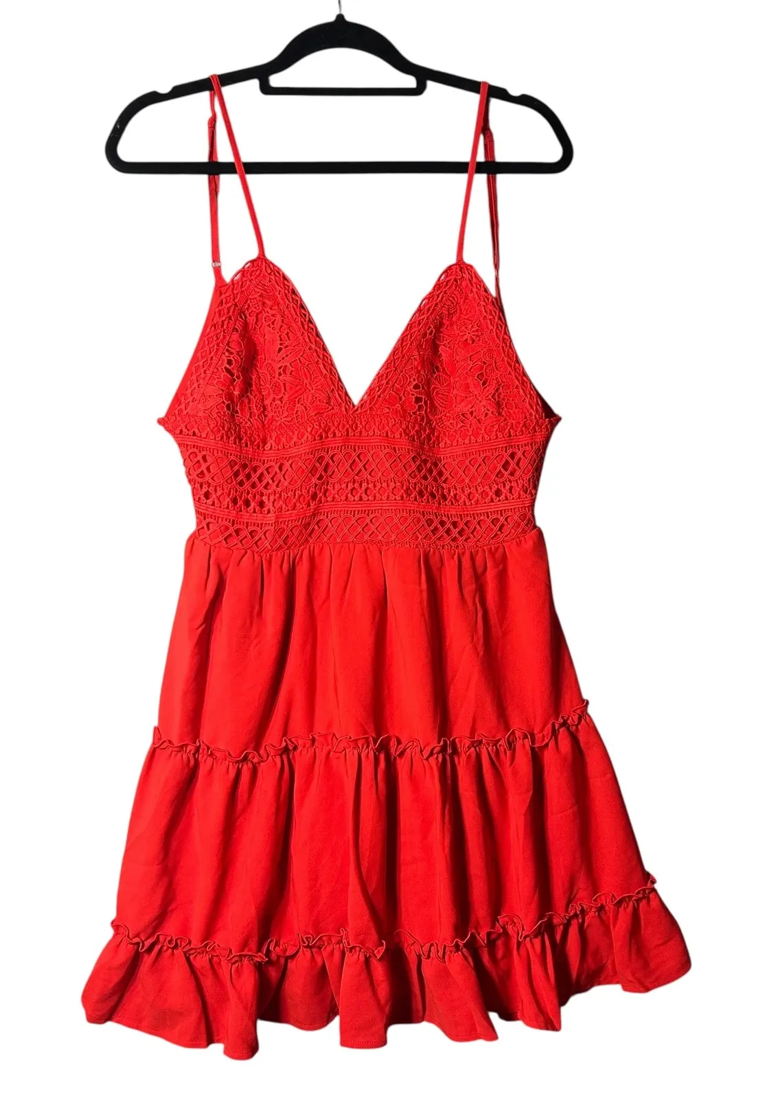 Women Dress XL Red Tiered Ruffle Mini Sun Dress Tie Back Sleeveless Lined Summer - Image 1