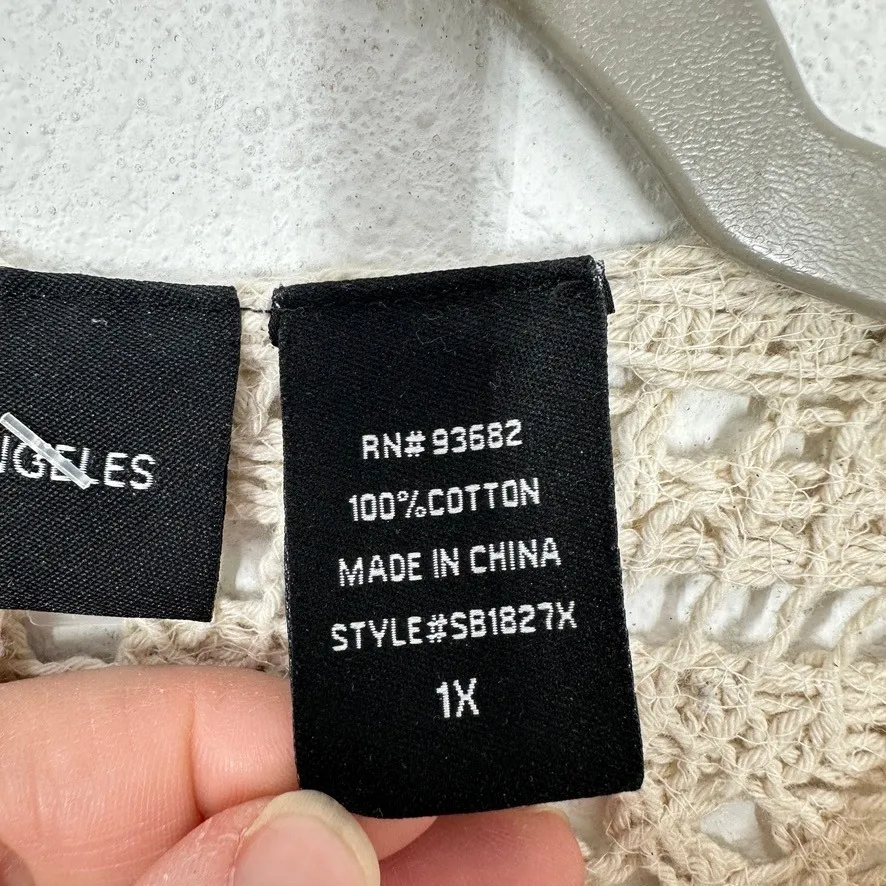 LIV LOS ANGELES Cream Patchwork Crochet Knit Open Front Cardigan Sweater Tan Size 1X - Image 7