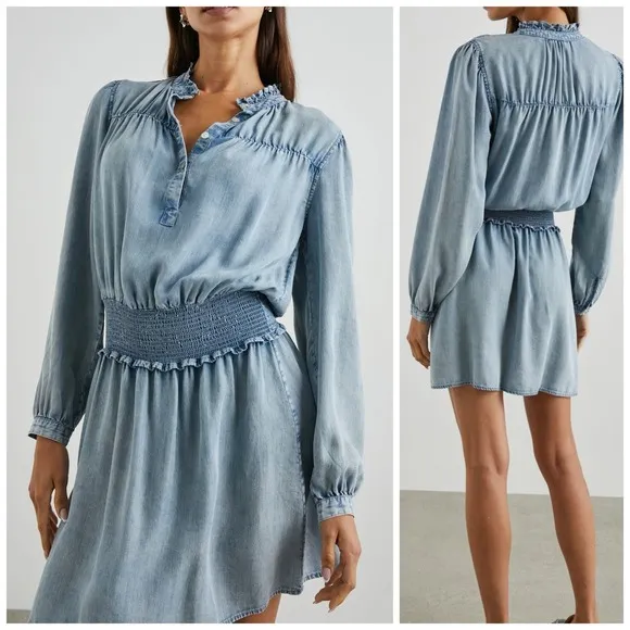 Rails Shawna Mini Dress XS Blouson Smocked Waist Long Sleeve Chambray Denim $290 - Image 2