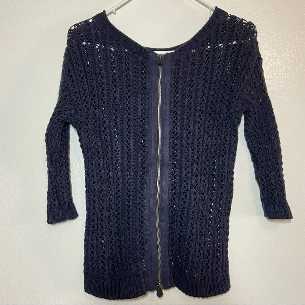 Anthropologie Moth Cable Knit Sweater 3/4 Sleeve Back Zipper Round Neck Navy XS - Image 5
