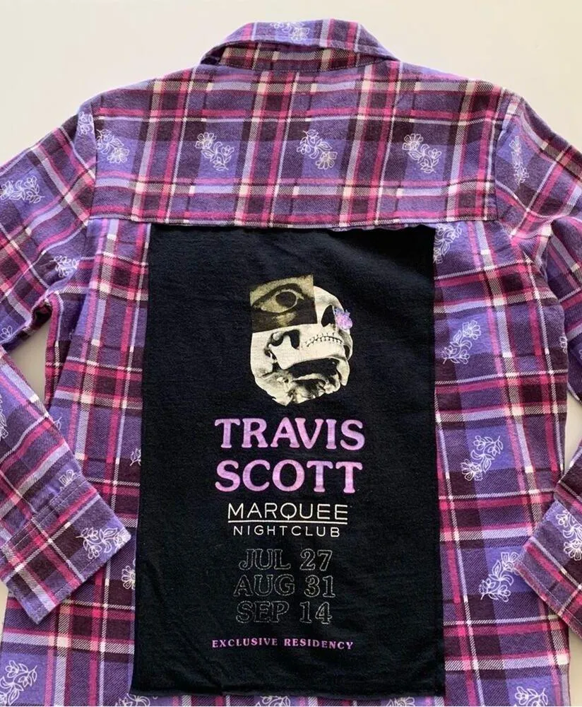 Via Penny Lane Reworked | Travis Scott Graphic Purple Plaid Button Up Flannel M Size M - Image 9