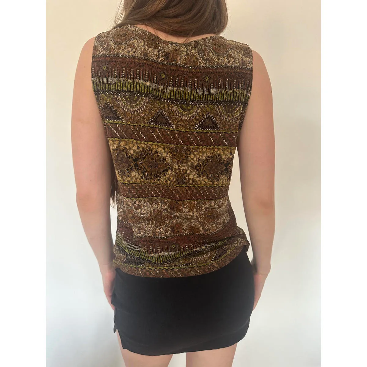 Olive Green and Brown Paisley Sleeveless Vintage Top Size M - Image 5