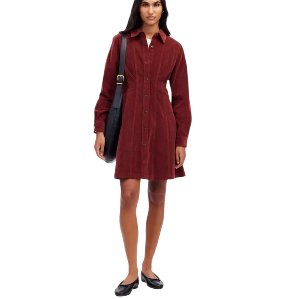 NWT Madewell Corduroy Long Sleeve Seamed Mini Shirt Dress Cabernet Size 00 - Image 13