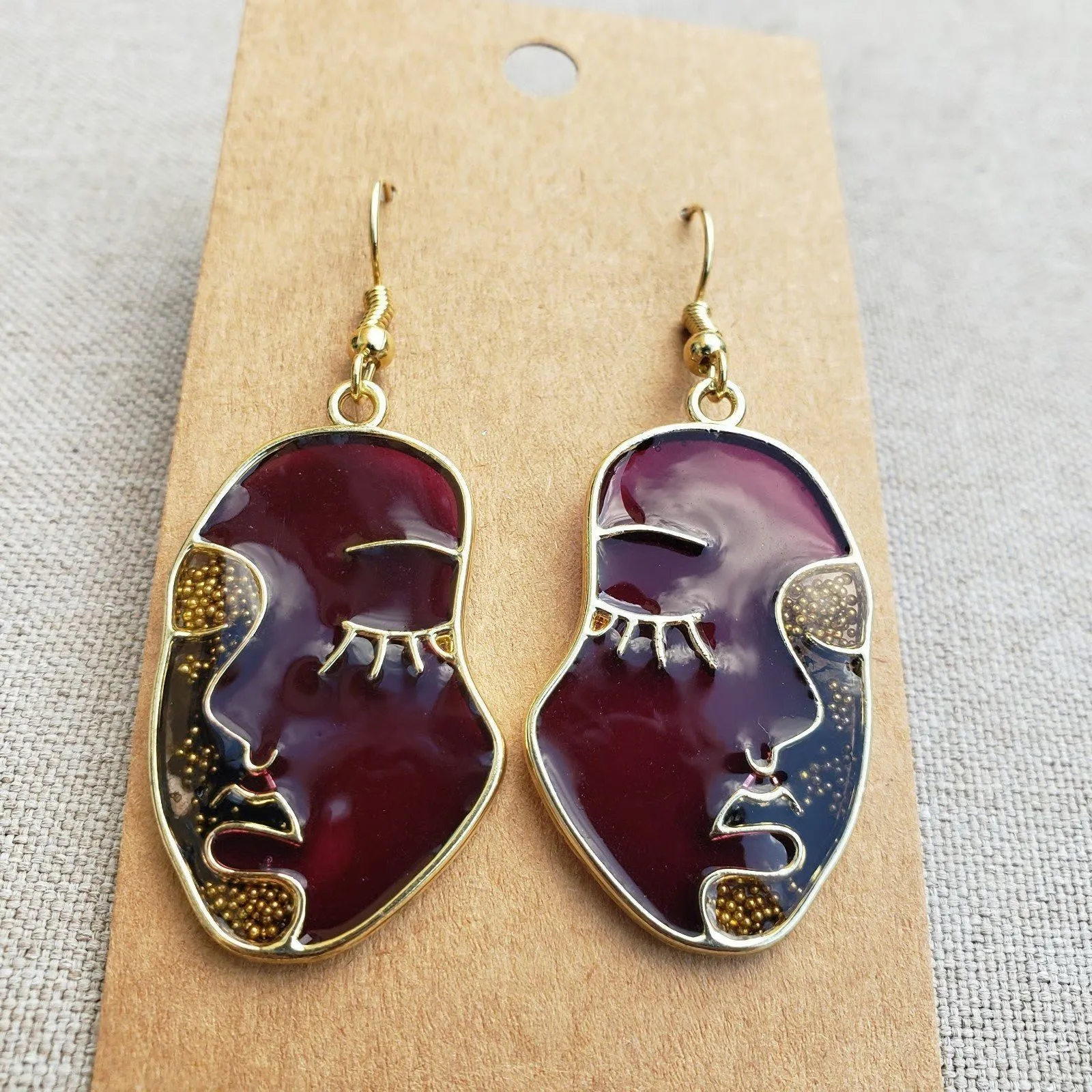 Gold Plated Purple Art Face Handmade Resin Jump Earrings Tones Verdes Jewelry - Image 5