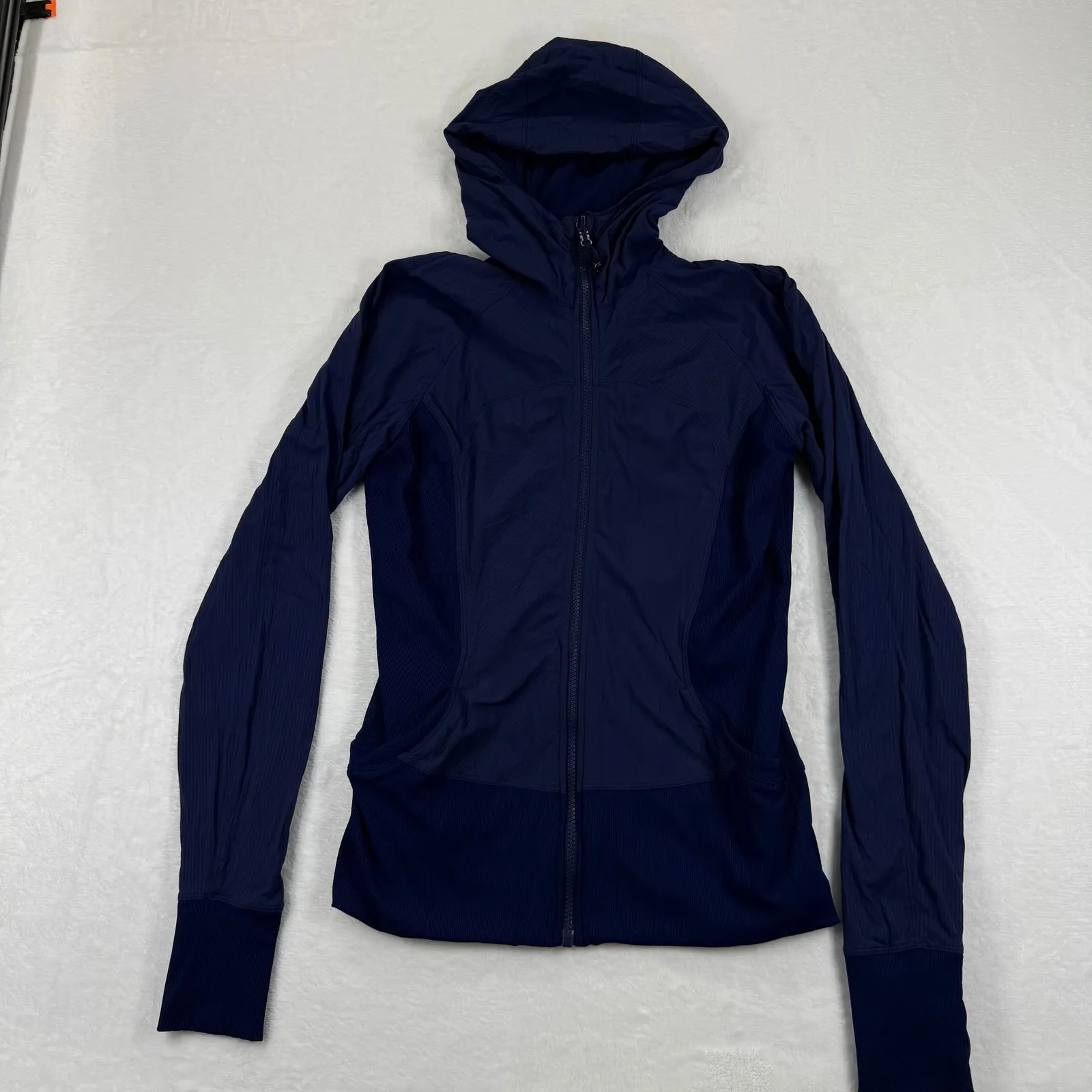 Lululemon Reversible Navy Blue Hooded Zip Up Athletic Jacket Thumbholes Size 10 - Image 8