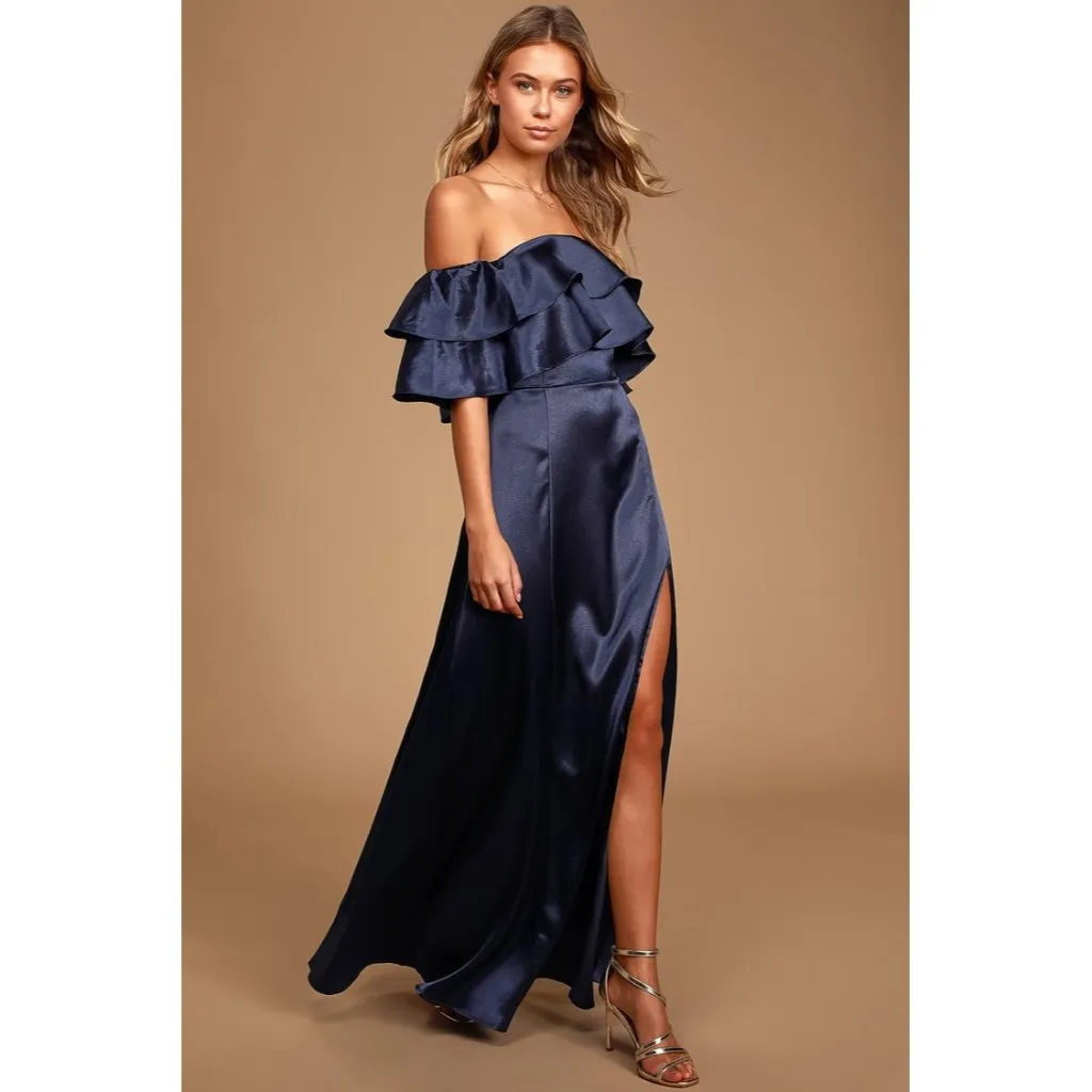 Lulus Pure Happiness Navy Blue Dress Size Small Satin Off - Image 12