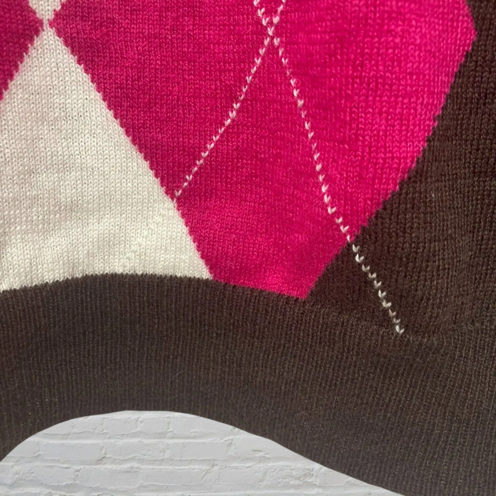 J.Crew Argyle Wool/Cashmere V neck Sweater L Brown Pink Casual Preppy Size L - Image 7