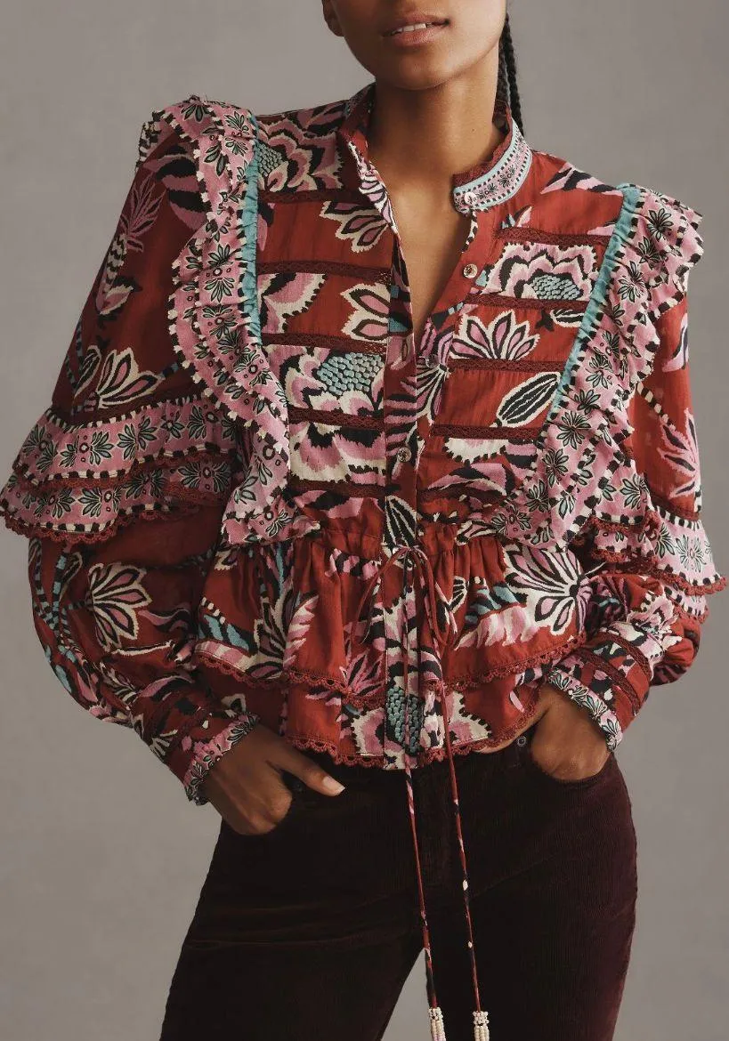 Mock Neck Button Front Ruffled Blouse, Size XXS - Image 14