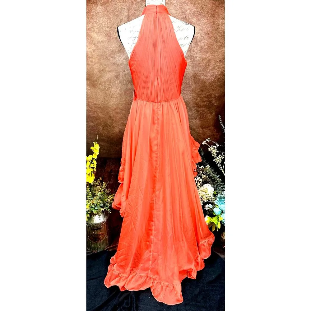 Mac Duggal Ruffle Tiered High Low Pleated Halter Neck Gown Tangerine size 6 - Image 11