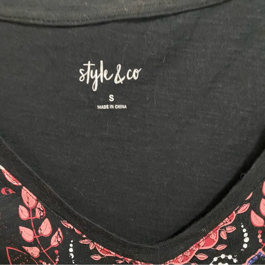 Style & Co Womens Top T Shirt S 40”  Boho Print V Neck Black Brown Blue Bohemian - Image 2