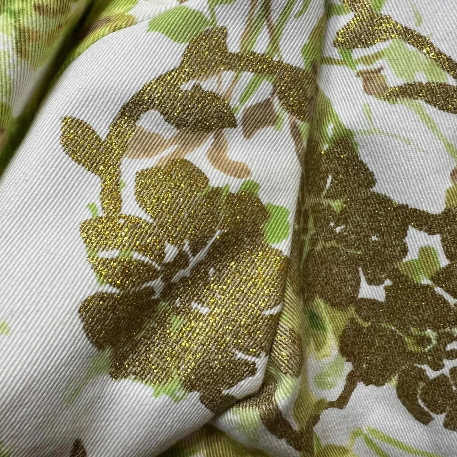 Metallic‎ Floral Print Denim Jacket Green Gold Button Front Lightweight Large - Image 6