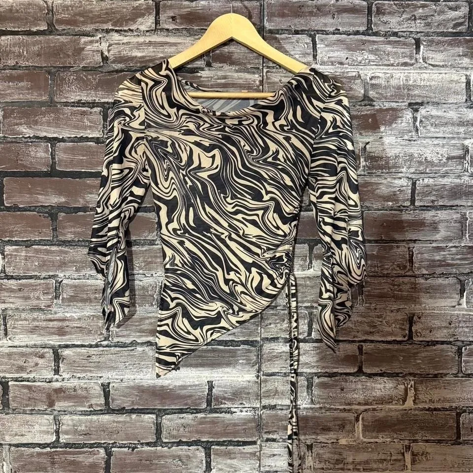 VRG GRL Asymmetrical Mesh Top Women's Size 4 Small y2k Black/Tan Swirl - Image 2