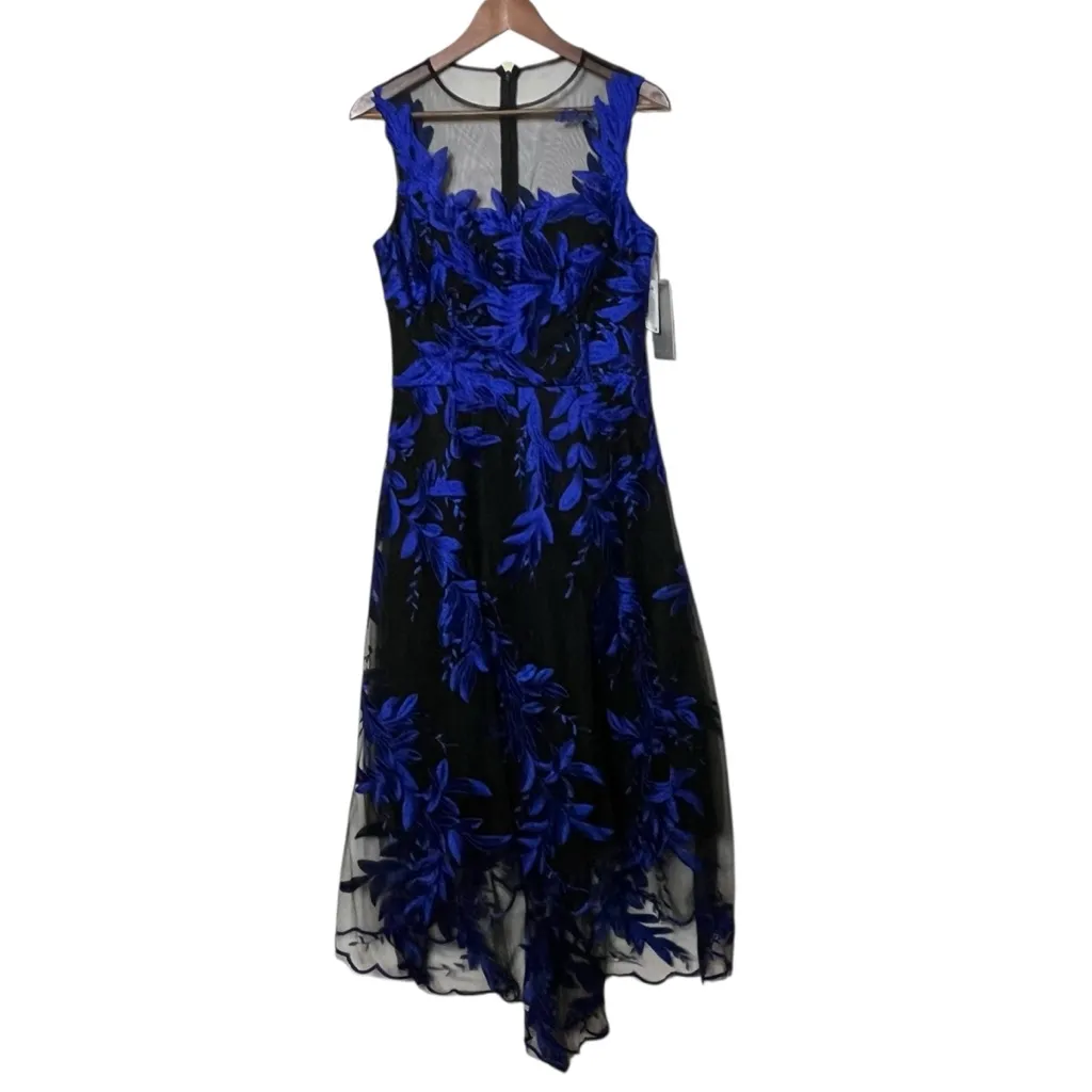 Teri Jon NWT Blue Embroidered Midi Dress Size 6 Formal Evening Mesh Overlay - Image 2