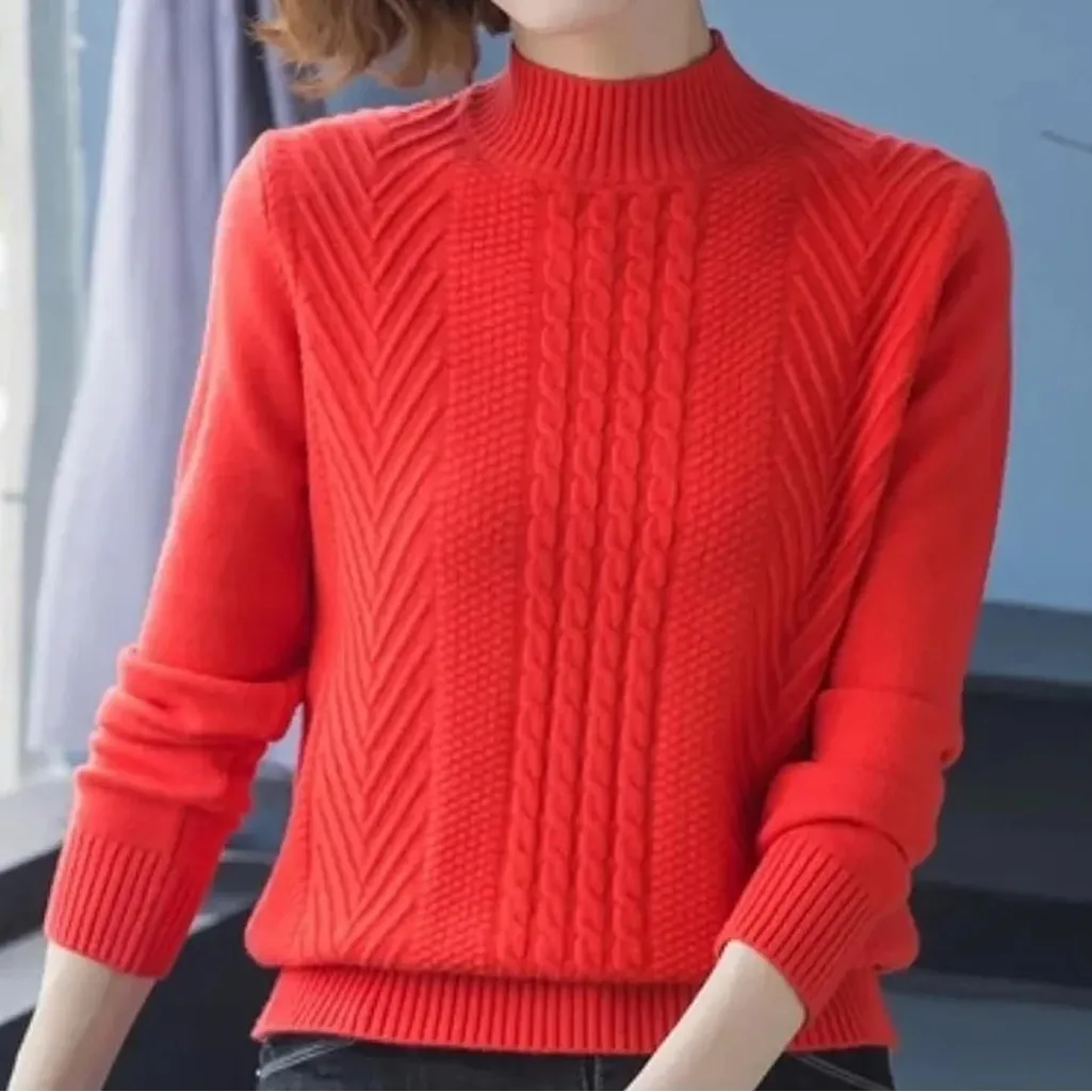 Washable Cashmere Red Cable Knit Sweater - Image 5