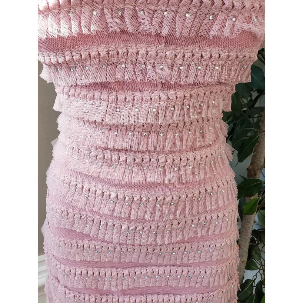 Woman Cocktail Dress Women Pink Lace Overlay Beaded Mini Halter Square Neck - Image 9