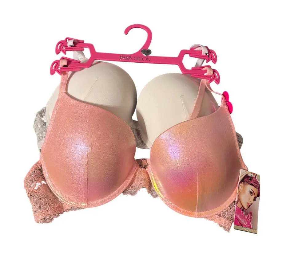 Paris Hilton 2 Pack Push Up Bras Iridescent Pink White Adj Straps Size 36B NWT - Image 1
