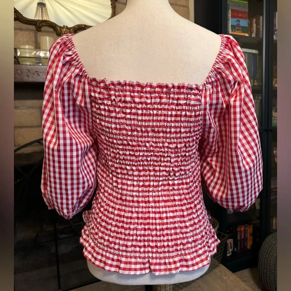VINE & LOVE Red & White Gingham Milkmaid / Picnic / Puff Sleeves Top - Small - Image 5
