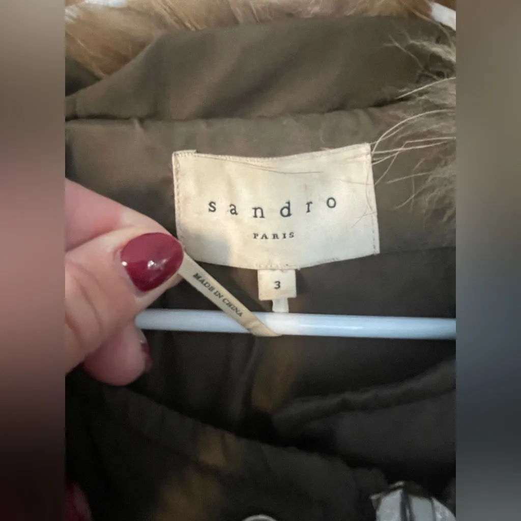 Sandro Marcie Down Puffer Jacket, Lamb Fur Hood, Leather Sleeves; size 3 / L - Image 4