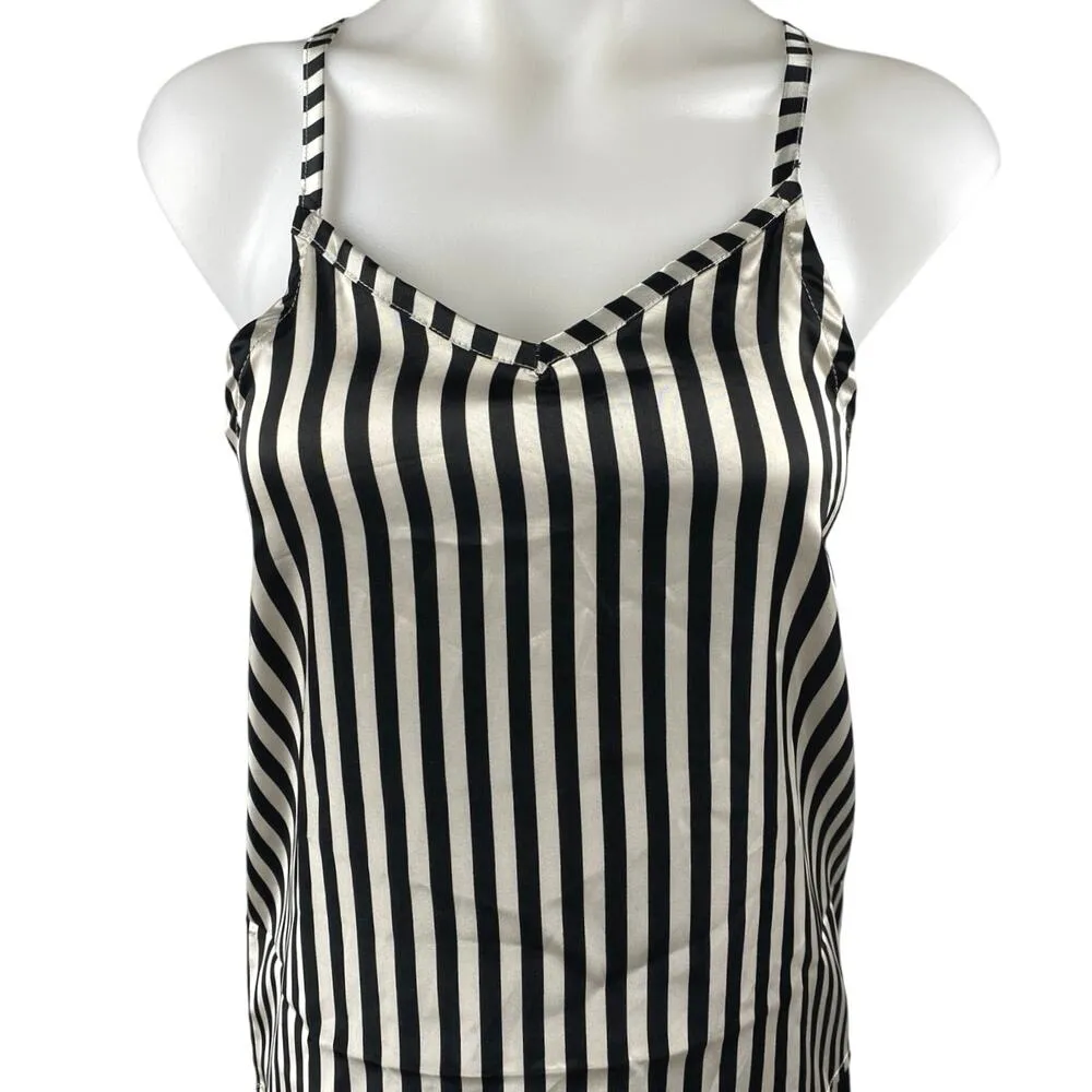 NEW Bella Black White Silk Satin Stripe Sleeveless Tank Shorts Pajama 2 Pc Set M Size M - Image 3