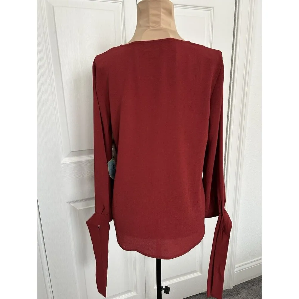 CeCe V-Neck Tie Cuff Detailed Crepe Blouse Womens Relaxed Fit Clare Red Sz XS - Image 3