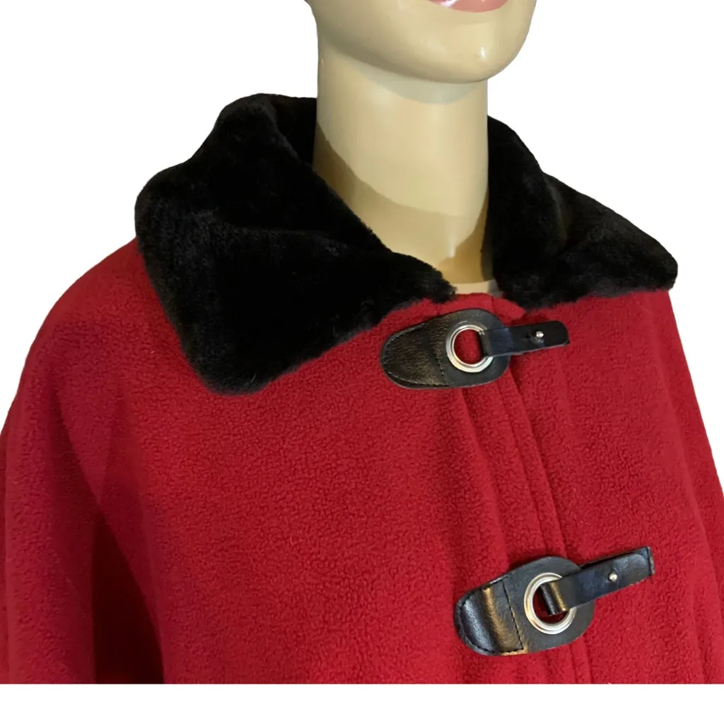 LE MODA RED FLEECE W/BLACK FAUX FUR COLLAR PONCHO (OSFM) Black Size undefined - Image 8