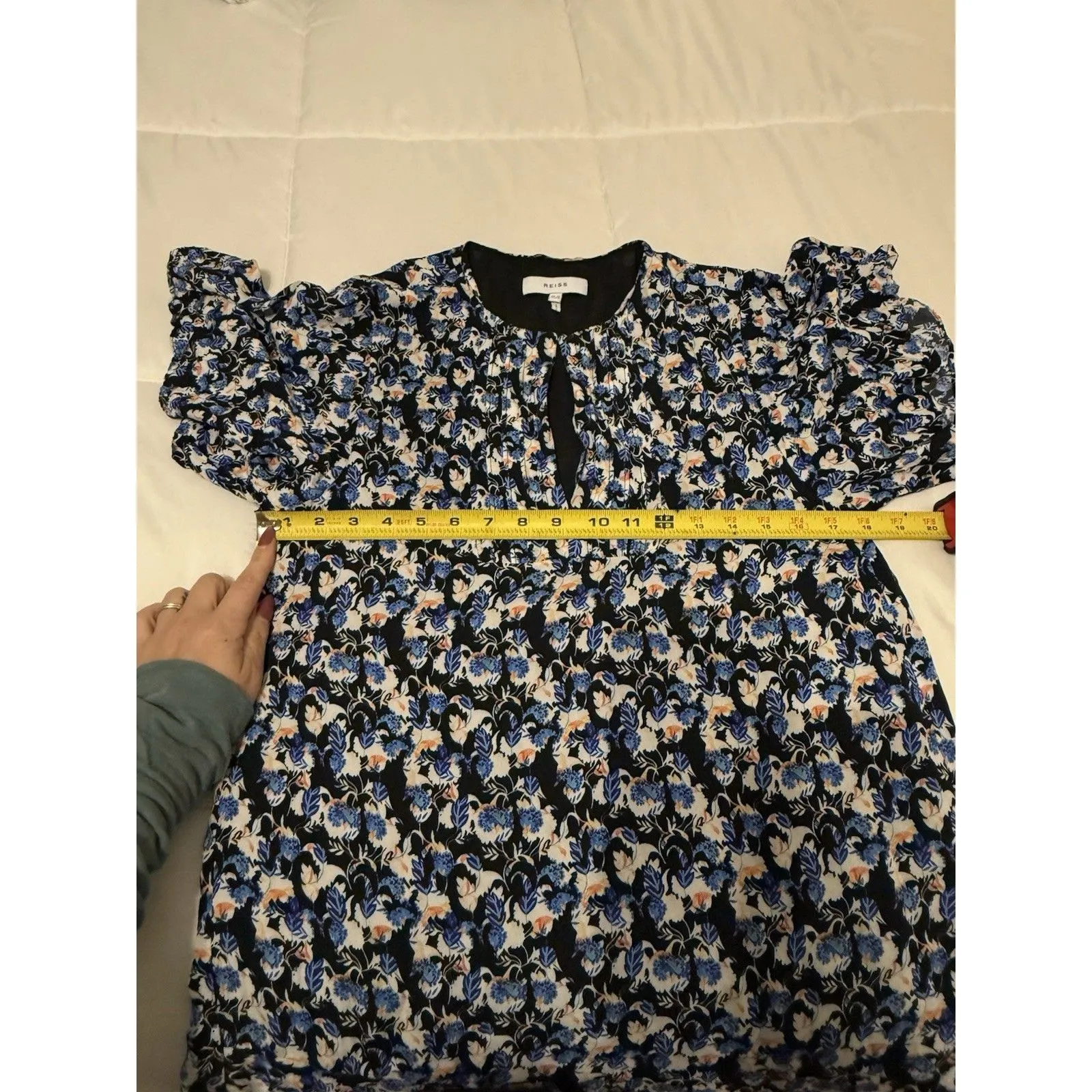 REISS Blue Lulu Ditsy Flippy Drop Waist Mini Dress Short Sleeve Flutter Medium 8 - Image 8