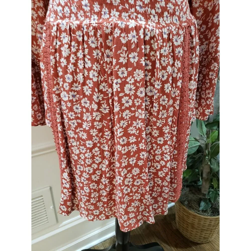 American Rag Cie Women Brown Floral Rayon V-Neck Long Sleeve Knee Length Dress L - Image 4