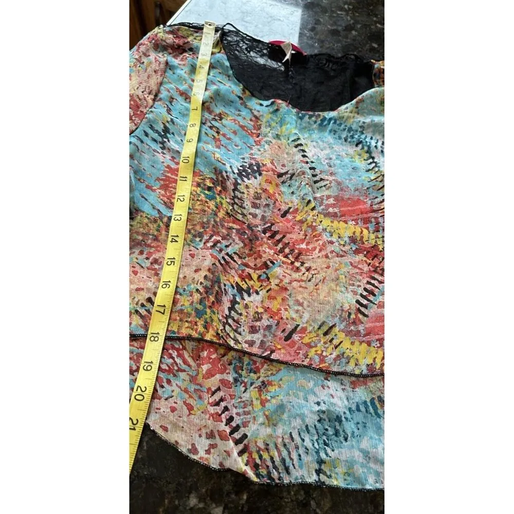 Women’s Lace Back Sheer Blouse Crop Sz L Blue Floral Flowy Prairie Fairy Top Size L - Image 9