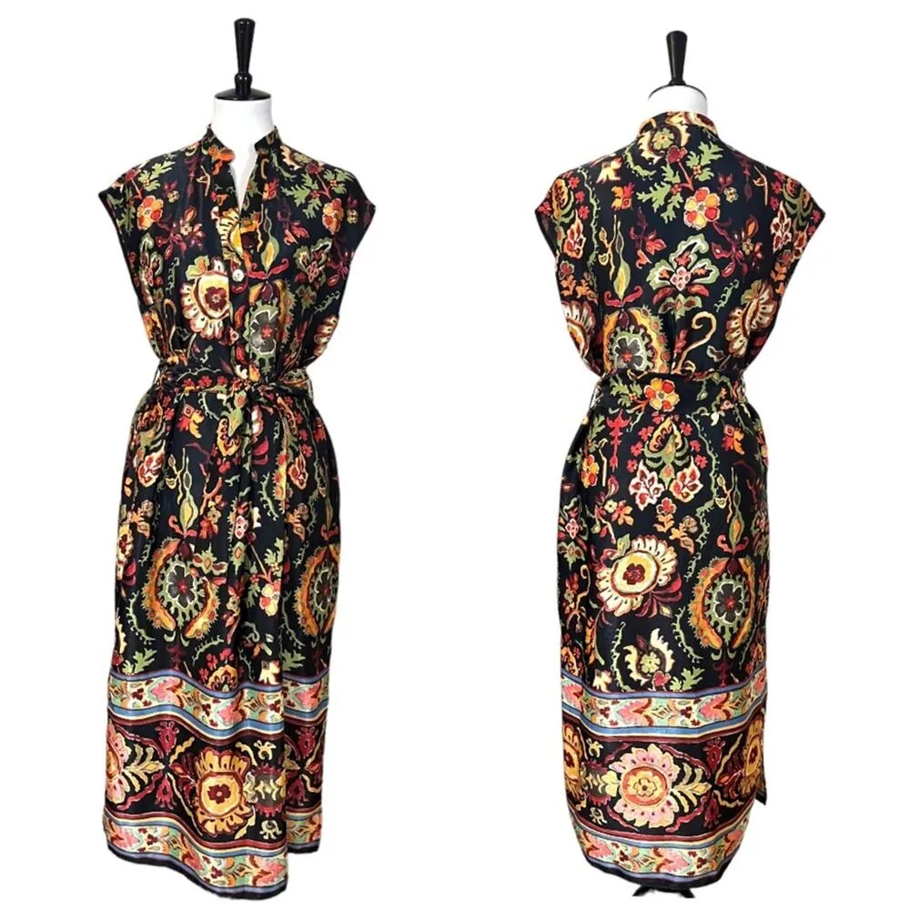 Zara Midi Dress V Neck Button Top Pockets Tie Waist Black Floral Satin Size XS - Image 12