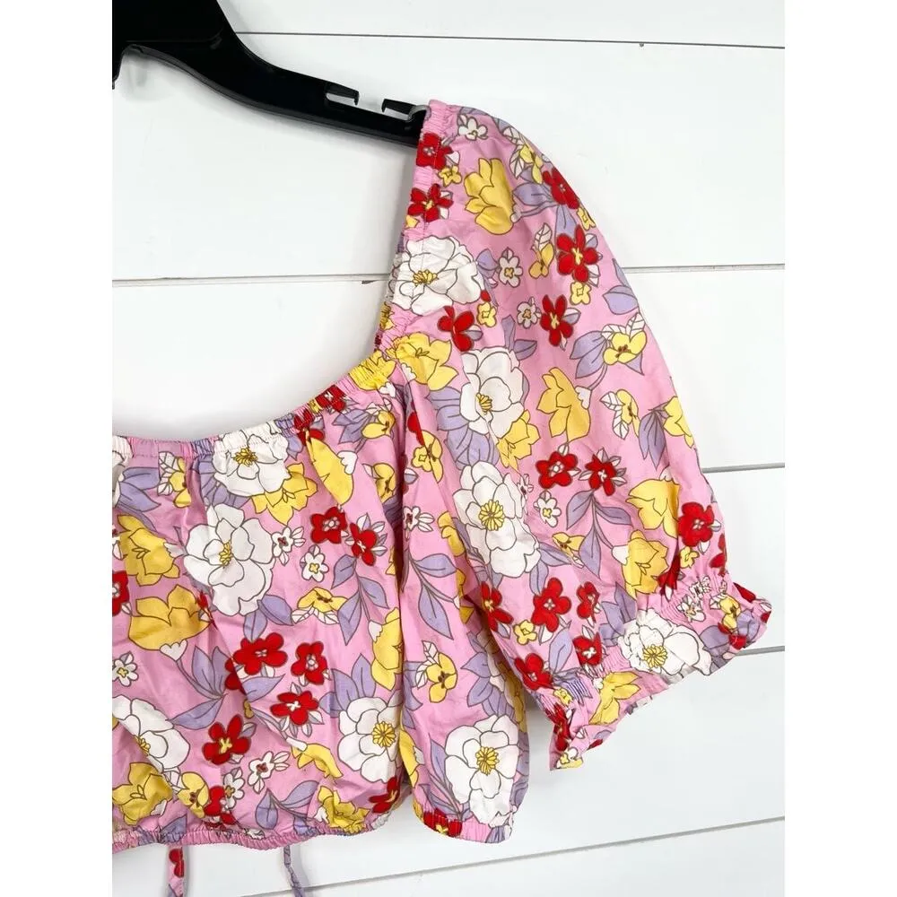 Vero Moda Pink Floral Print Puff Sleeve Tie Front Crop Blouse Size XL - Image 7