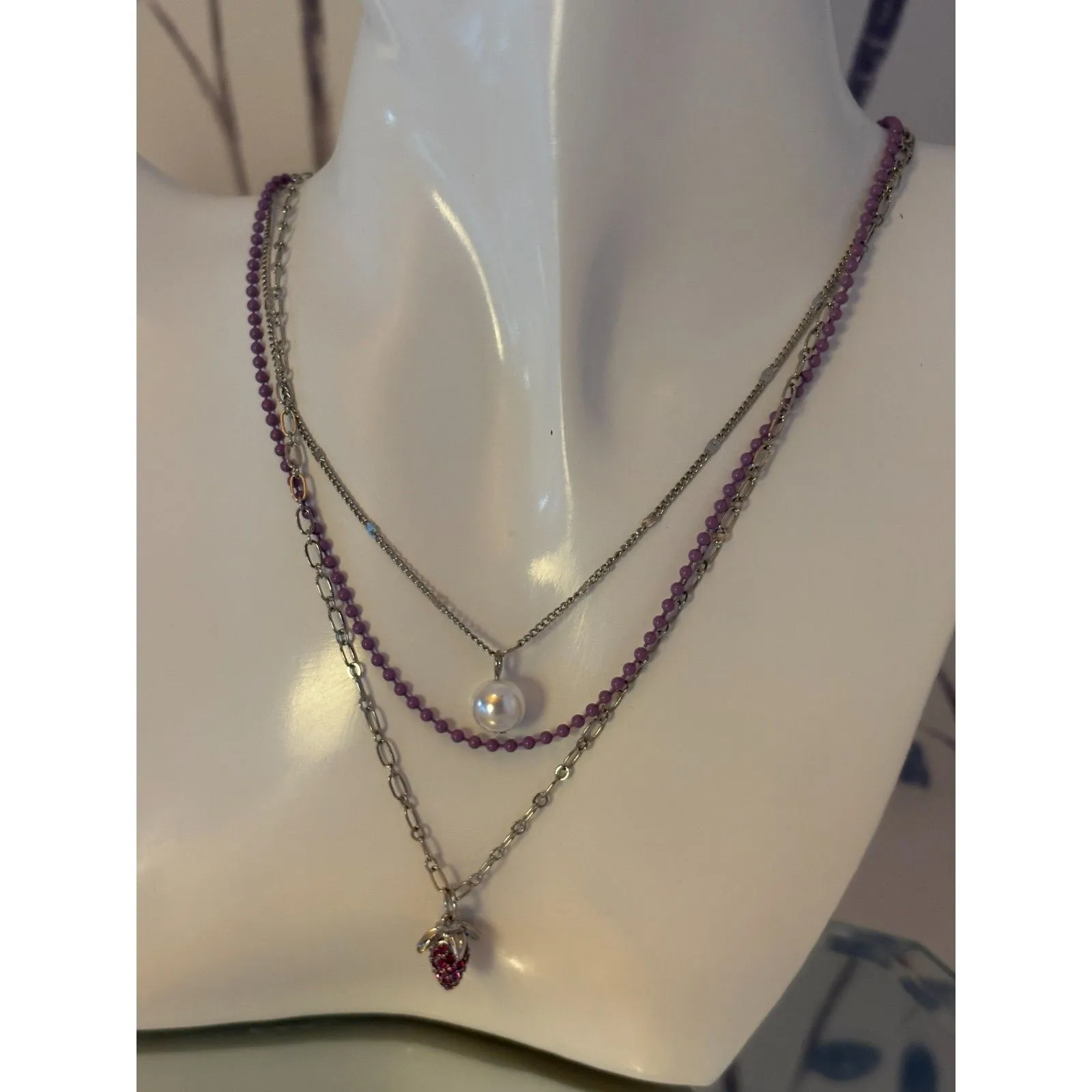 Arizona Jean Company Silver and Pink Strawberry Charm Layered Necklace - Image 3