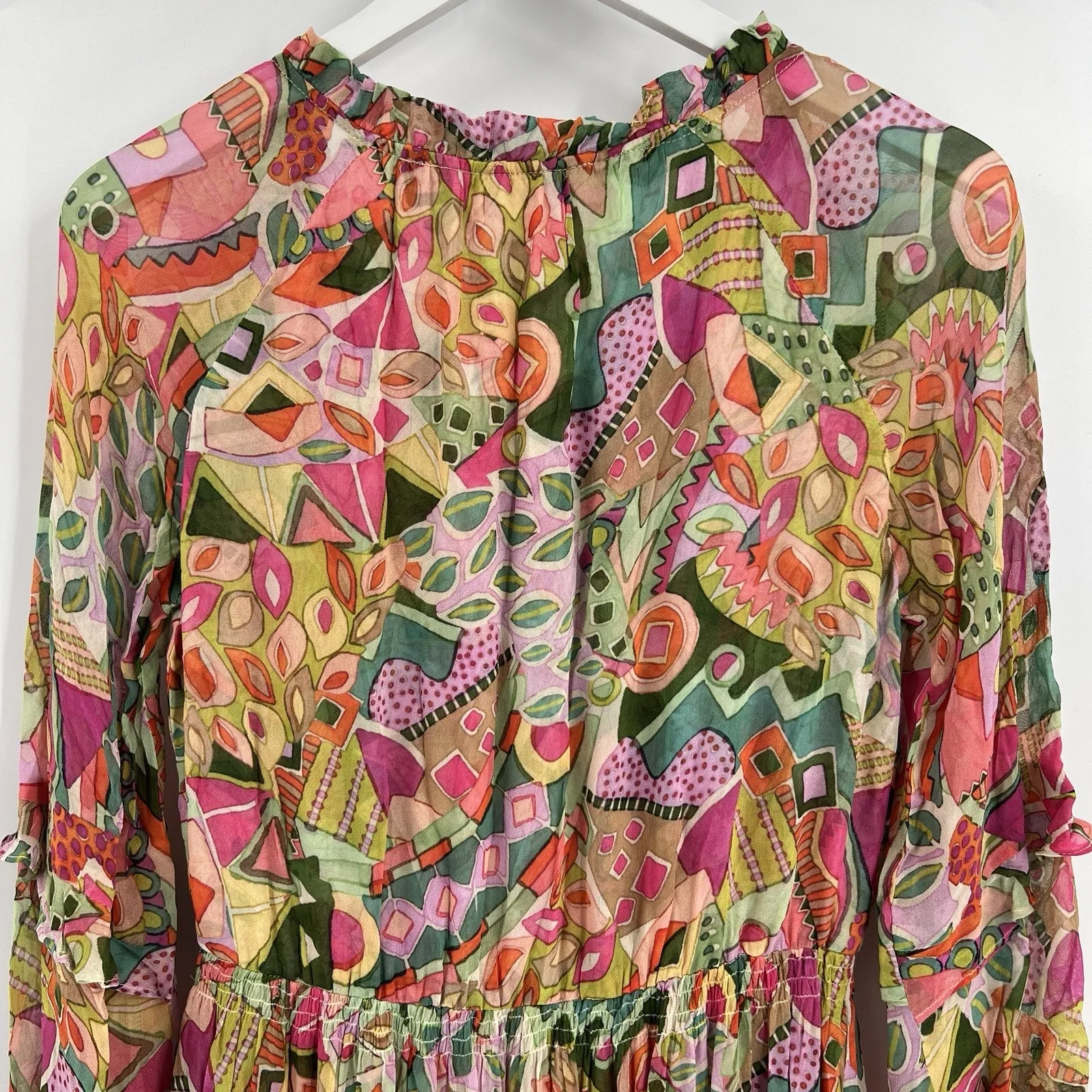 Tolani Collection Sherah Maxi Dress Tropical Long Sleeves Button Smocked Size XS - Image 6