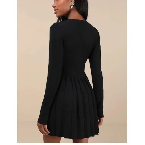 Lulus Black Ribbed Knit Button Front Pleated Skirt Dress Size M - Image 10