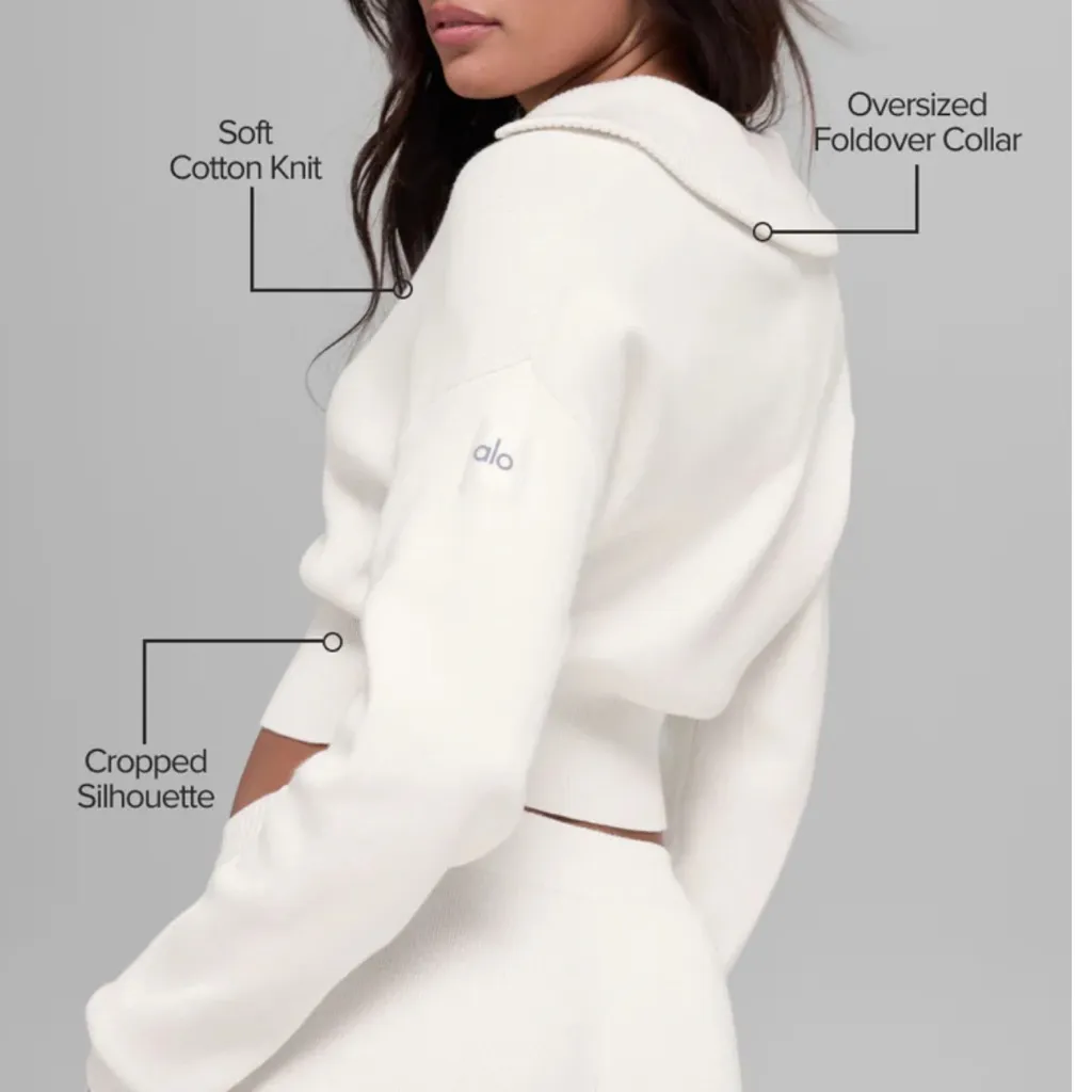 Alo Scholar Knit Cropped Full Zip Jacket color ivory - Image 2