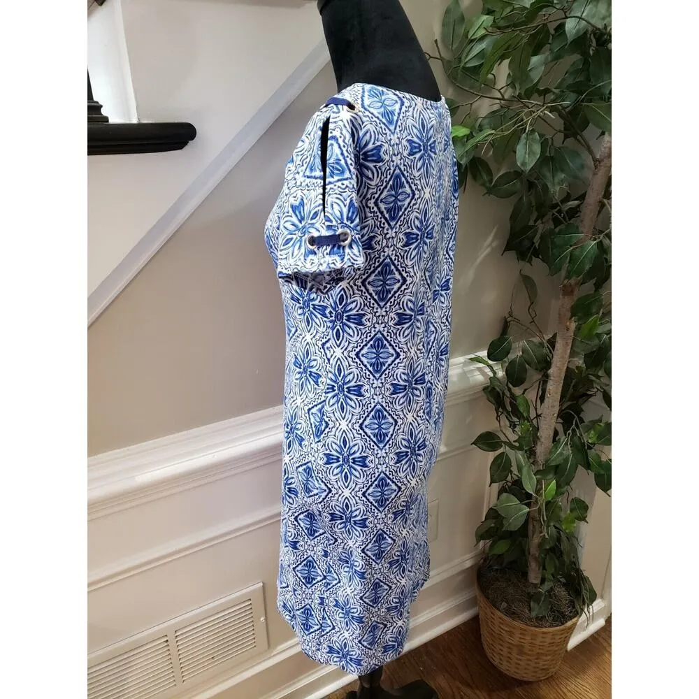 Rafaella Women's Blue & White Cotton Round Neck Short Sleeve Knee Length Dress S - Image 7