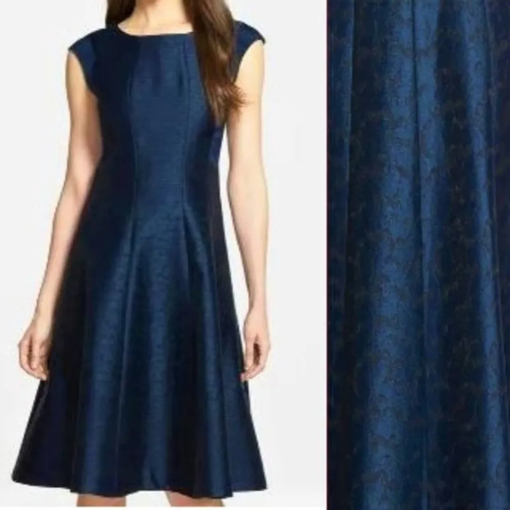 Lafayette 148 New York Full-Skirt Jacquard Panel Sleeveless Fit Flare Dress Navy - Image 3