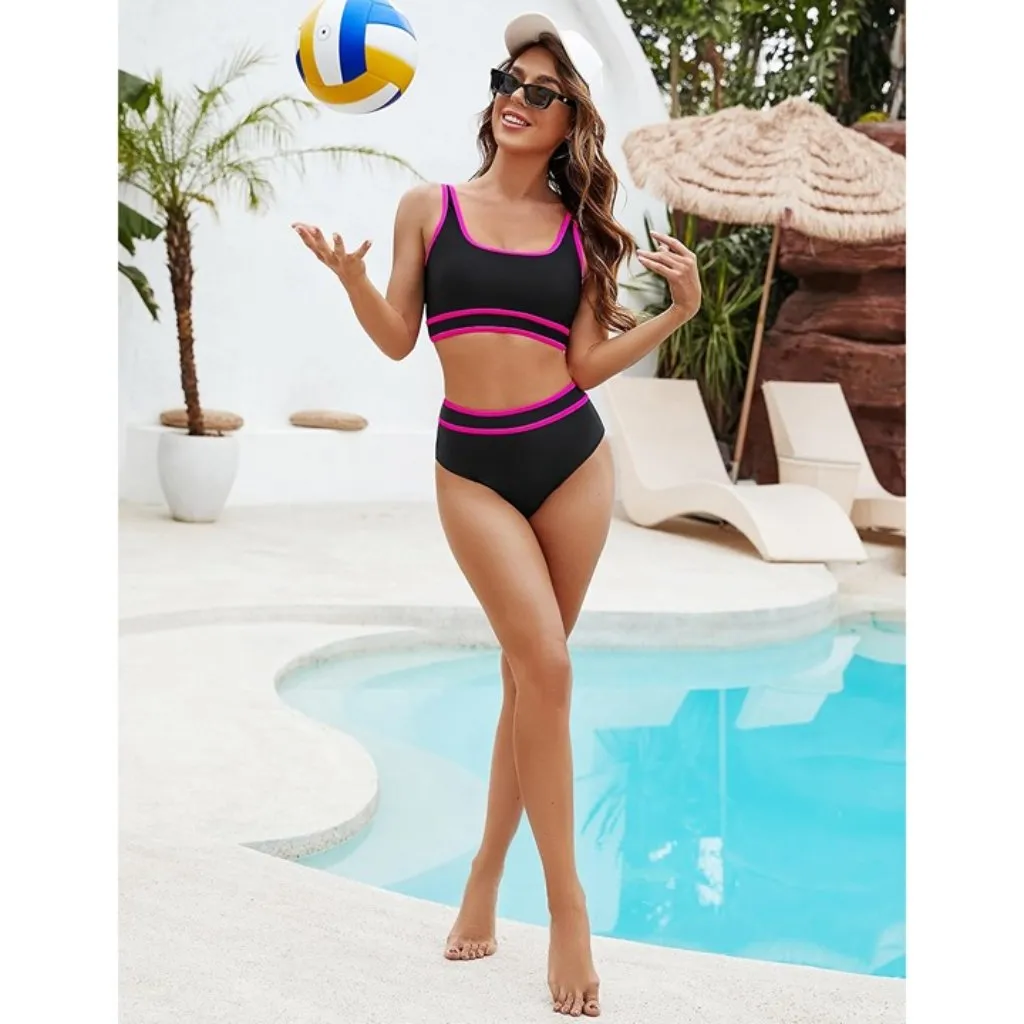 BMJL Color Block High Waisted Bikini Sporty Two-Piece Swimsuit Black Pink SMALL - Image 5
