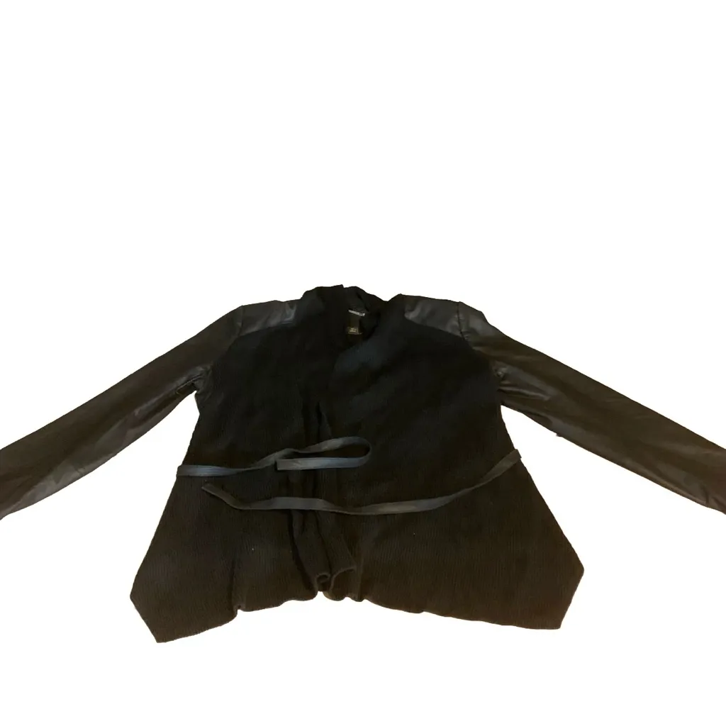 WHITE HOUSE BLACK MARKET BLACK KNIT & LEATHER OPEN FRONT CARDIGAN SWEATER (M) - Image 9