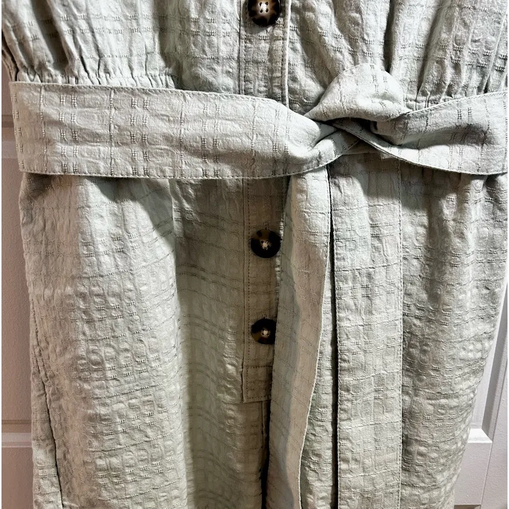 MADEWELL Seersucker Camp Romper Button Front Split Collar Pockets Tie  Sz CS - Image 5