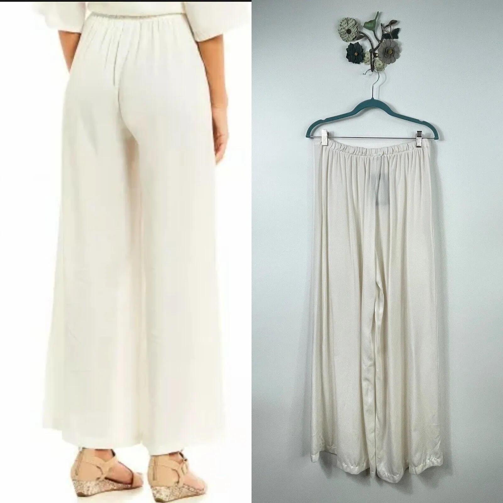 BRYN WALKER Long Full High Waist Wide Leg Pull on Pants Cream Tencel Size Large - Image 3