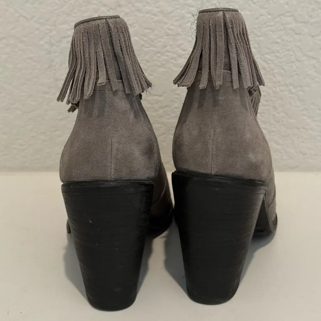 JOIE Loren Fringe Gray Suede Chunky Heel Booties Size 38 Western Boho - Image 5