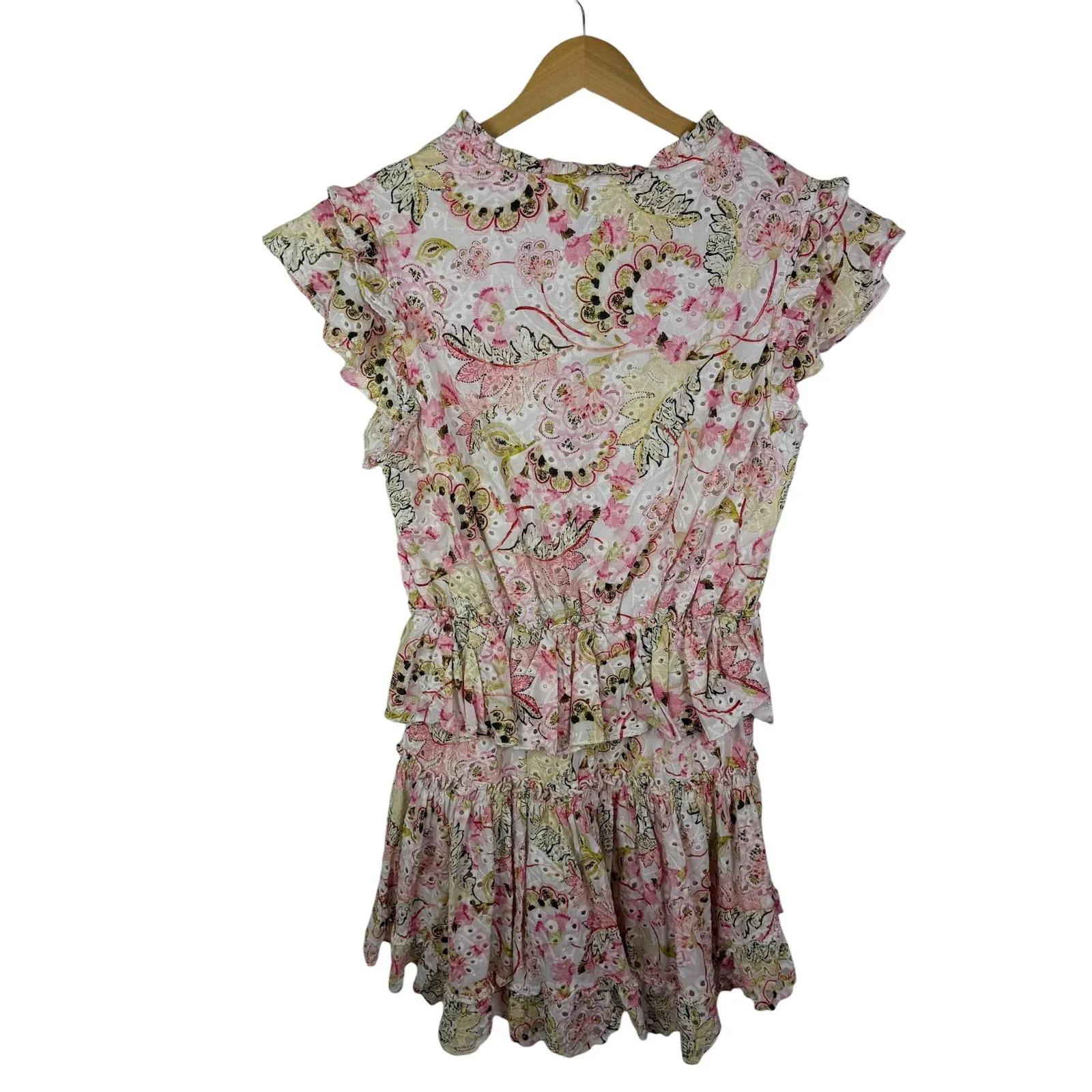 MISA Iliana Ruffled Eyelet Mini Dress Medium Pink Floral Tiered Coquette Cottage - Image 5