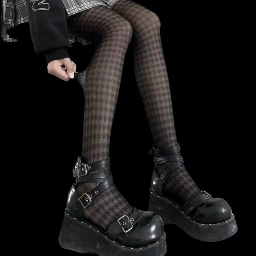 Houndstooth Black‎ Pantyhose, High Waist Elastic Footed Pantyhose One Size Black - Image 16