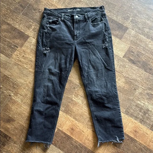 Old Navy mid rise boyfriend black denim jeans raw hem - Image 1