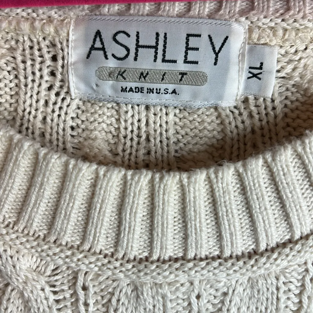 Vintage Ashley Drop Shoulder Cream Knit Ribbed Pullover Sweater Fisherman Chunky - Image 2