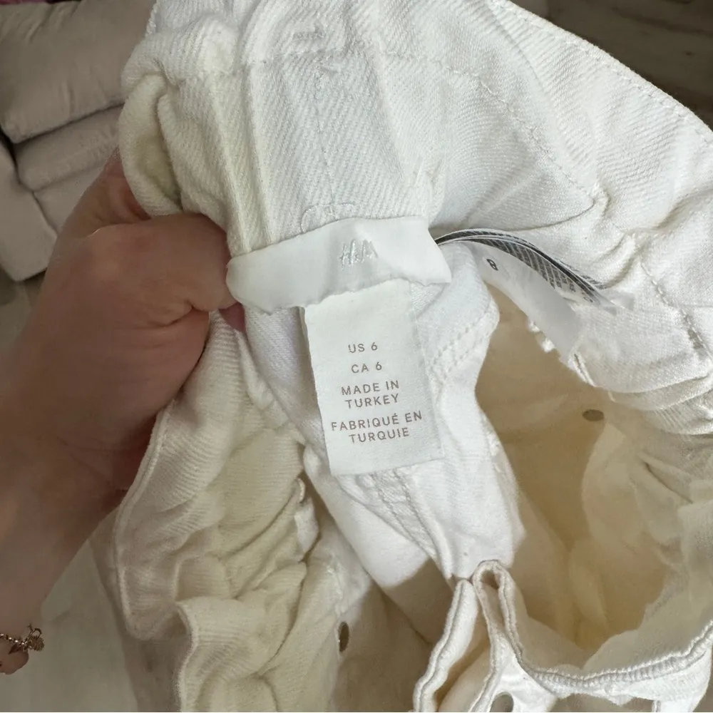 H&M denim shorts paper bag waist high rise jeans ivory pockets tie adjustable - Image 6