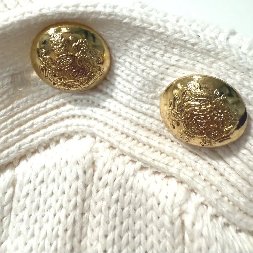 Lauren Ralph Lauren Cream Cable Knit Sweater Gold Crest Buttons Nautical Large - Image 4