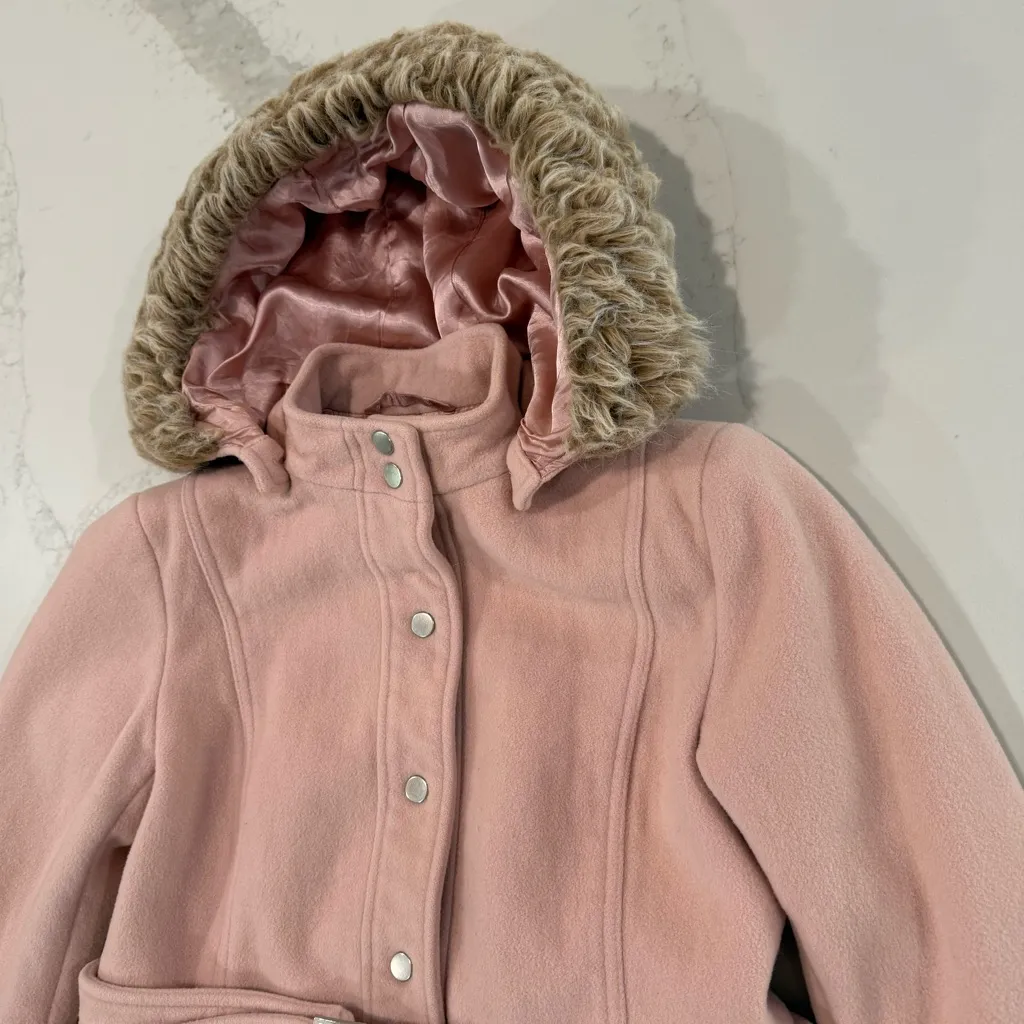 Express Button Front Wool/Cashmere Blend Pea Coat Faux Fur Trim Women’s 6 Pink - Image 3