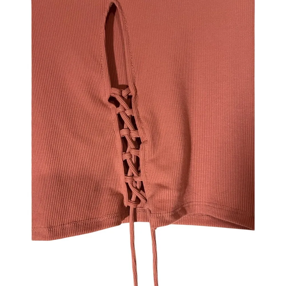 Heart & Hips Mauve  Ribbed Crop Top Women Large Long Sleeve Corset Tie Front Y2K - Image 2